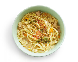 Isolated Delicious Bowl of Noodle Soup With Chicken and Vegetables Garnished With Spices, Perfect for a Warm Meal