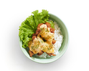 Isolated Delicious Chicken With Spicy Mayo Over Rice With Fresh Lettuce Served in a Green Bowl