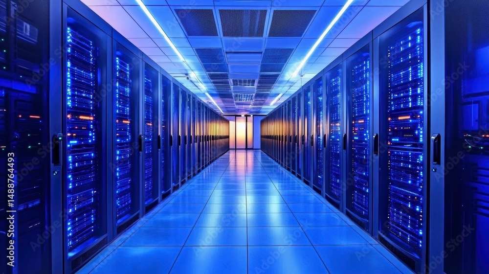 Aufkleber data center server room with rows of lit network cabinets.