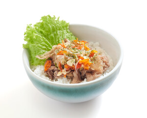 Isolated Delicious Bowl of Rice Topped With Savory Meat with Sambal Matah and Fresh Vegetables Served With Lettuce