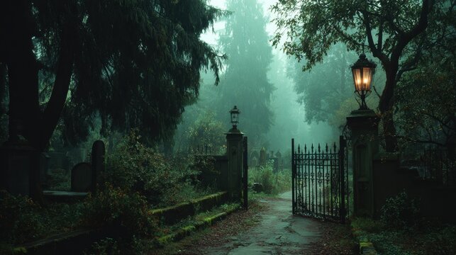 Gloomy, misty cemetery pathway under heavy rain. - Powered by Adobe