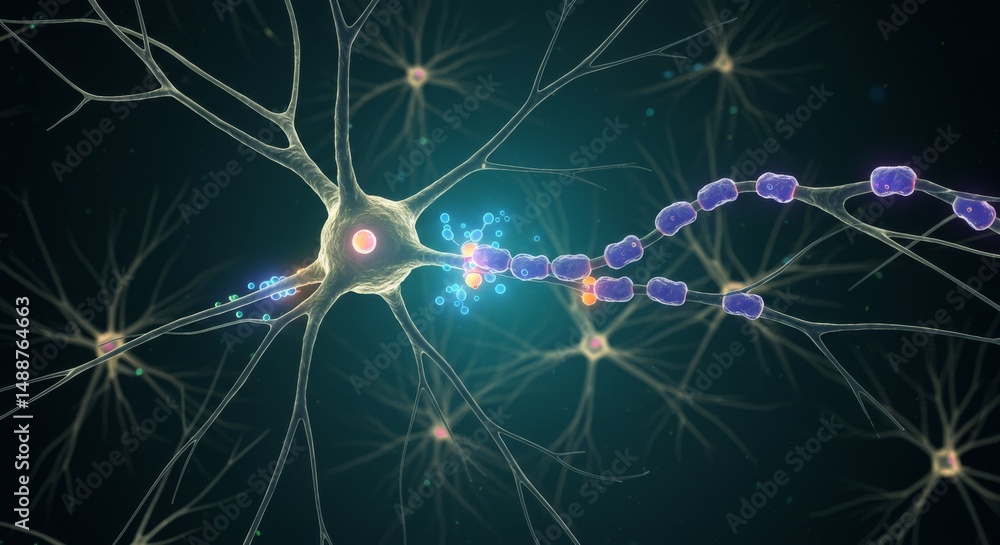 Poster neural network illustration: intricate neuron connections and synaptic activity - microscopic view o