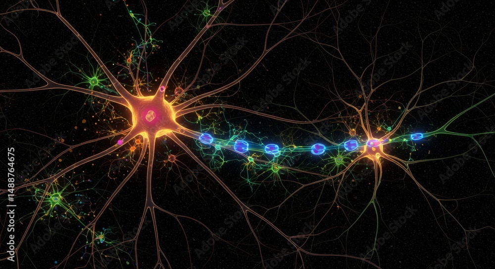 Poster neural network synaptic connections illustration - intricate neuron connections, synaptic activity, 