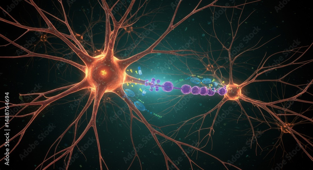 Poster neural network synaptic transmission illustration - intricate neuron connections, synaptic activity,