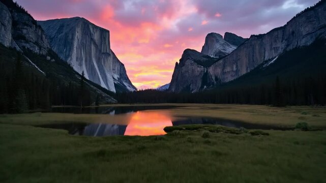 Time lapse of Yosemite valley nation park during sunset