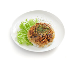 Isolated Delicious Chicken and mushroom Rice Served With Fresh Lettuce on a White Plate