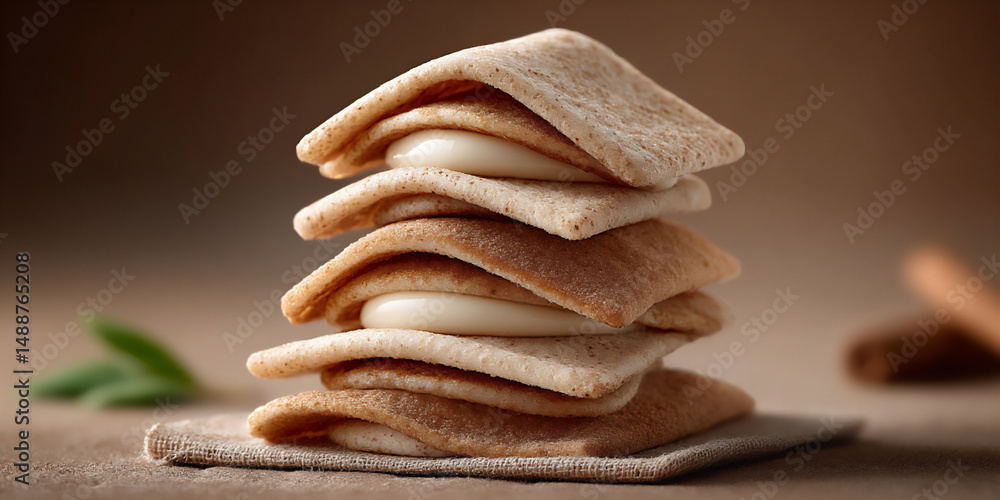 Poster a stack of pancakes arranged to resemble a towering, abstract architectural structure
