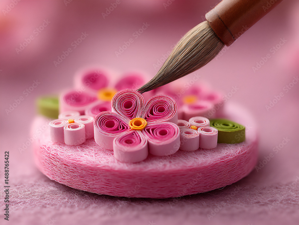 Poster close-up of intricate paper quilling being rolled and shaped to create delicate designs