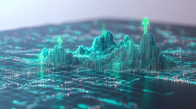 Abstract digital landscape with teal pixelated terrain and glowing green upward-pointing arrows