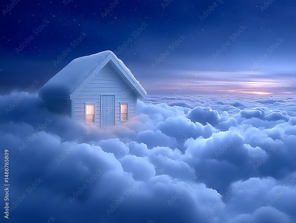 Poster what if clouds were solid and people could walk and build on them whimsical and surreal landscape,