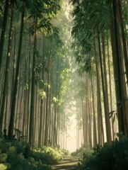Fototapeta premium Lush, sunlit path through a dense bamboo forest.
