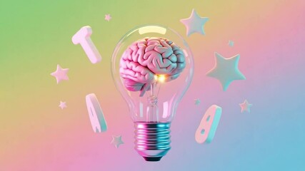 Light bulb with a brain inside surrounded by colorful stars and shapes - Concept of neo-memphis, digital modern collage, pop art - Powered by Adobe