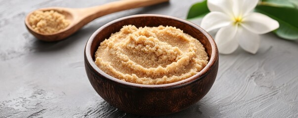 Brown sugar paste in a wooden bowl with a wooden spoon and a white flower on a gray surface.