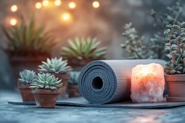 Still life scene of a yoga mat, Himalayan salt lamp, and potted succulent plants, promoting mindfulness.