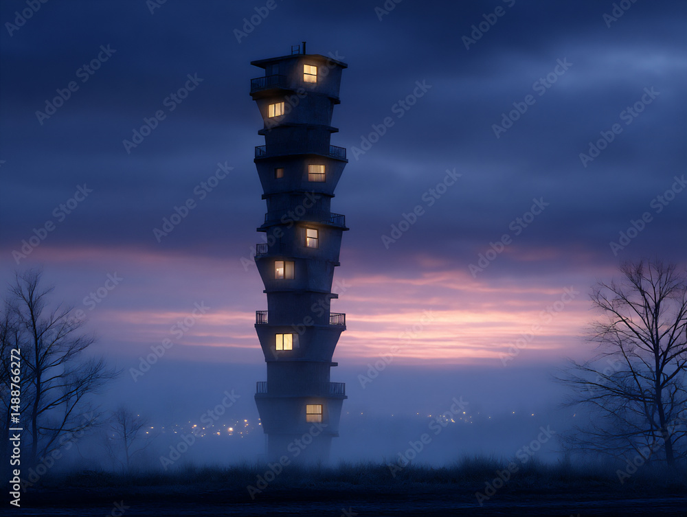 Poster a building that seems to fold in on itself or twist in impossible ways, architectural distortion,