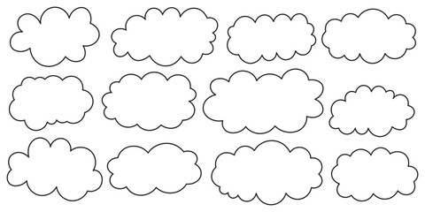 collection of black silhouette clouds in various shapes and sizes. Black Clouds silhouettes set. Fluffy clouds icon set. Vector set of clouds. Cute fluffy, Minimalist bubbly clouds collection.