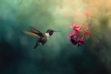 Fototapeta premium A hummingbird hovers mid-air, wings spread wide, poised near vibrant pink flowers, set against a soft, ethereal background, capturing a moment of delicate beauty.