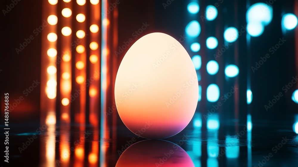 Aufkleber glowing egg on reflective surface with colorful bokeh lights.