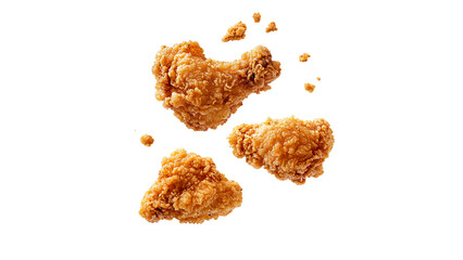 Fried chicken pieces flying in the air, isolated on a white background, cut out