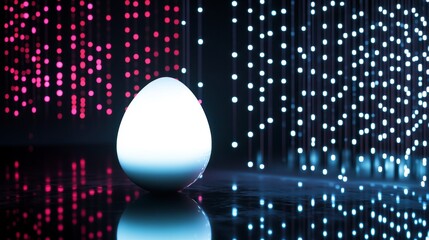 Glowing white egg on reflective surface with neon lights background.