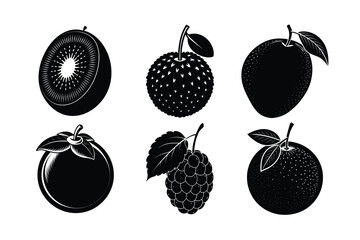 A vibrant vector set of fruits and berries features a healthy assortment including apple, strawberry, cherry, orange, pear,, plum, kiwi, and peach icons