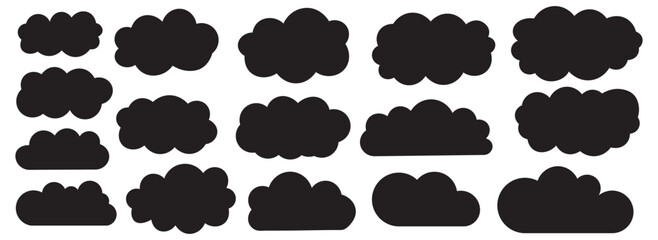 collection of black silhouette clouds in various shapes and sizes. Black Clouds silhouettes set isolated flat vector illustration on white background.Fluffy clouds icon set.  Vector set of clouds .