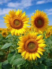 Fototapeta premium A 4K photo of bright Yellow Sunflowers in Summer Field - Three vibrant sunflowers symbolize joy, summer, growth, nature, and happiness. A picturesque scene of sunny warmth.