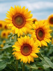 Obraz premium A 4K photo of bright Yellow Sunflowers in Summer Field - Three vibrant sunflowers symbolize joy, summer, growth, nature, and happiness. A picturesque scene of sunny warmth.