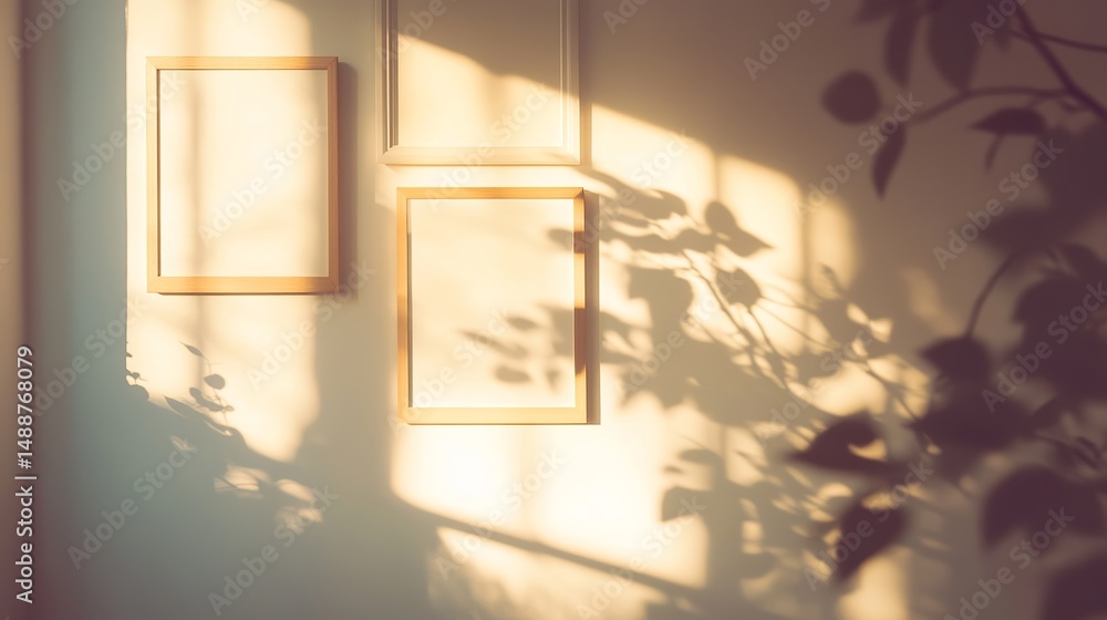 Poster sunlight illuminates empty picture frames on a wall with plant shadows creating a warm and inviting