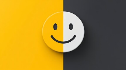 Half happy, half neutral emoticon on yellow and black background.