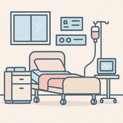 Fototapeta premium Flat-style vector illustration of a hospital room setup featuring a patient bed, IV drip, heart monitor, side cabinet, and window. 