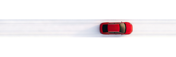 Red car on a snow-covered road, isolated on transparent cutout background