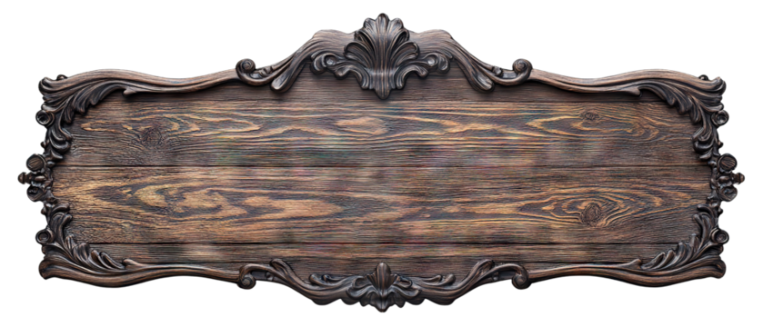 Ornate vintage wooden signboard with intricate carved details, isolated on transparent cutout background