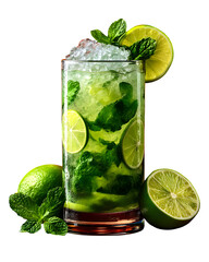 Mojito cocktail in a tall glass with crushed ice, mint, and lime isolated on transparent background