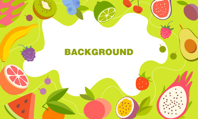 Colorful tropical fruit background in flat style with text space in the center. Perfect for summer advertising, juice packaging, recipe cards, posters or social media.