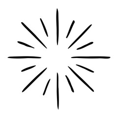 Vector hand drawn illustration of light rays, firework, sunburst. Vintage style element, round frame, isolated on white background.