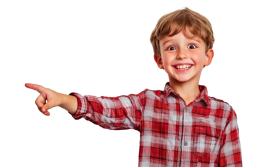 Happy child pointing to the side, isolated on transparent cutout background