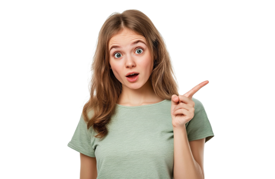 Surprised young woman pointing with index finger, isolated on transparent cutout background