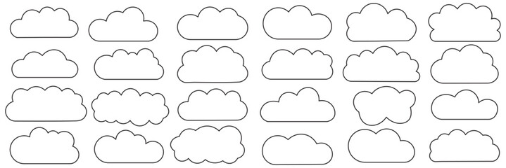 Obraz premium collection of black silhouette clouds in various shapes and sizes. Black Clouds silhouettes set. Fluffy clouds icon set. Vector set of clouds. Cute fluffy, Minimalist bubbly clouds collection.