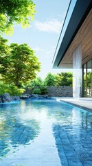 Fototapeta premium Tranquil waterfall escape modern home pool outdoor serenity lush greenery daytime relaxation concept