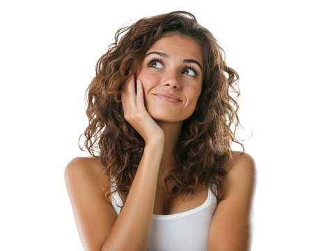 Thoughtful young woman with curly brown hair smiling, isolated on transparent cutout background