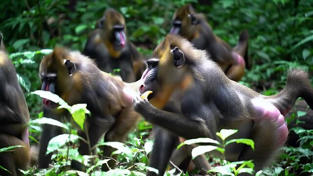 Mandrill Troop Foraging in the Lush Rainforest