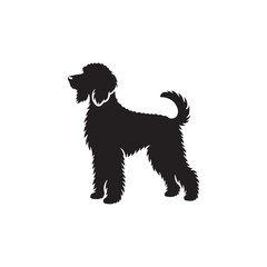 Labradoodle dog silhouette showcasing curly coat, friendly posture, playful and intelligent nature, medium-sized companion, loyal and affectionate pet, energetic, hypoallergenic breed, joyful and lovi