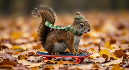 Obraz premium Squirrel Skateboarding in Autumn Leaves - Adorable squirrel wearing a beanie and scarf skateboarding on autumn leaves