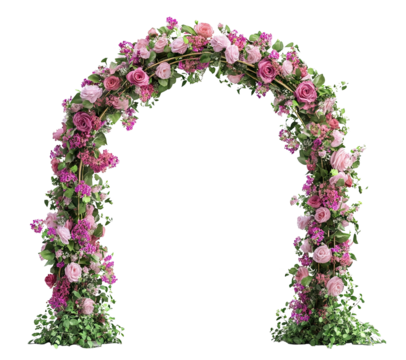 Romantic floral wedding arch with pink roses, isolated on transparent cutout background
