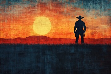 A lone cowboy silhouette stands tall against a vivid sunset in a painted landscape.