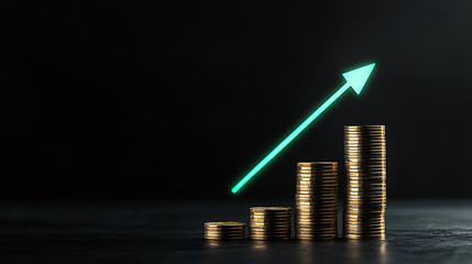 Stack of Coins Growth Chart: Rising prosperity and financial success symbolized by ascending stacks of coins and a vivid green arrow against a black background.
