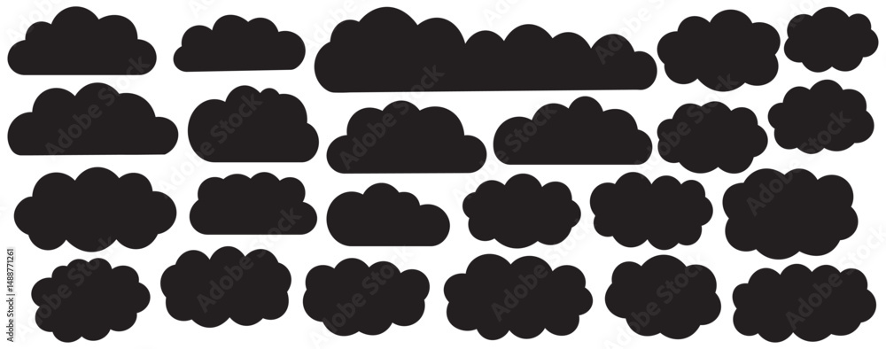 Poster collection of black silhouette clouds in various shapes and sizes. black clouds silhouettes set isol