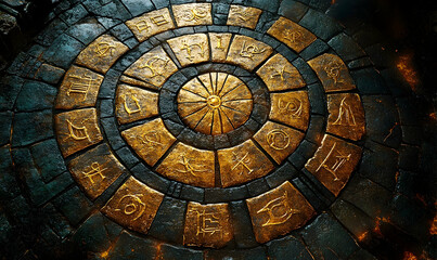 Ancient stone circle with golden symbols, textured floor, firelight glow