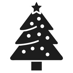 Simple black silhouette christmas tree decorated with ornaments and star